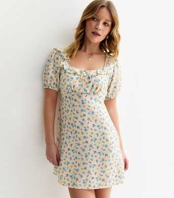 Cream Ditsy Floral Square Neck Mini Dresss