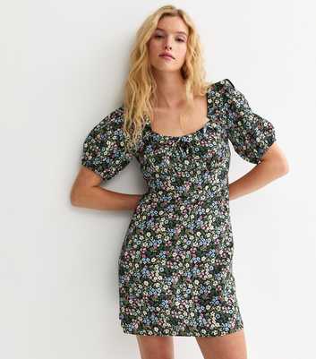 Black Rose Print Square Neck Ruffle Trim Mini Dress