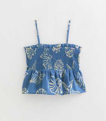 Blue and White Sea Print Shirred Peplum Cami Top