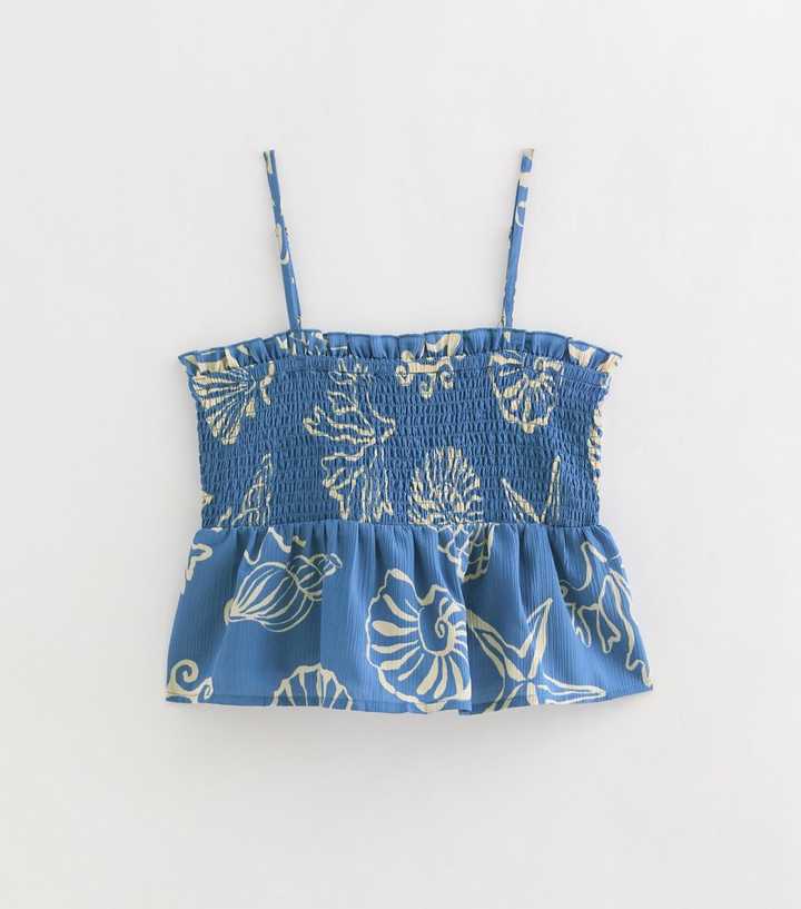 Blue and White Sea Print Shirred Peplum Cami Top