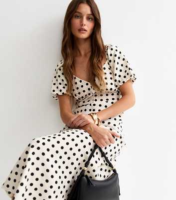 Cream Polka Dot Puff Sleeve Midi Dress