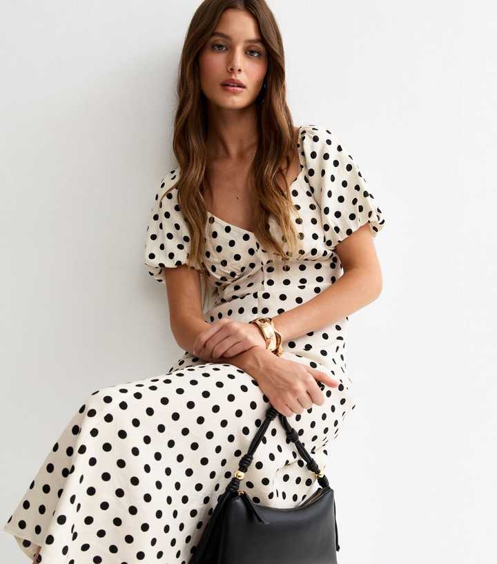 Cream Polka Dot Puff Sleeve Midi Dress