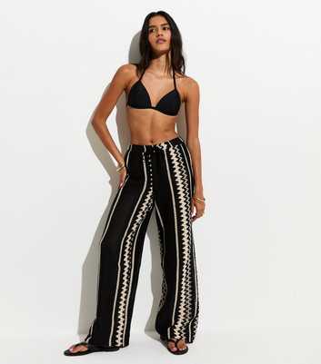 Black With Cotton Wide Leg Crochet Knit Trousers