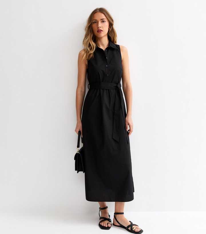 Black Sleeveless Button Up Midi Shirt Dress