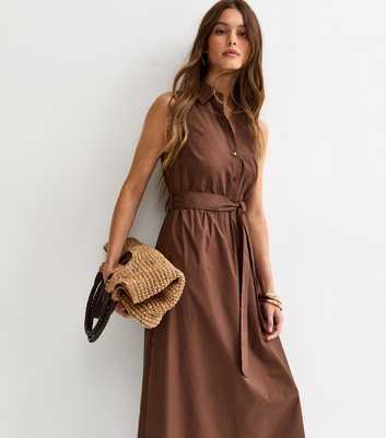 Dark Brown Sleeveless Button Up Midi Shirt Dress