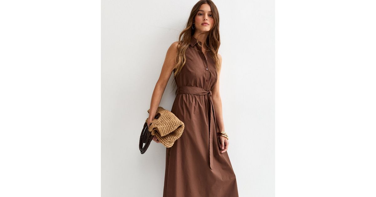 Dark Brown Sleeveless Button Up Midi Shirt Dress | New Look