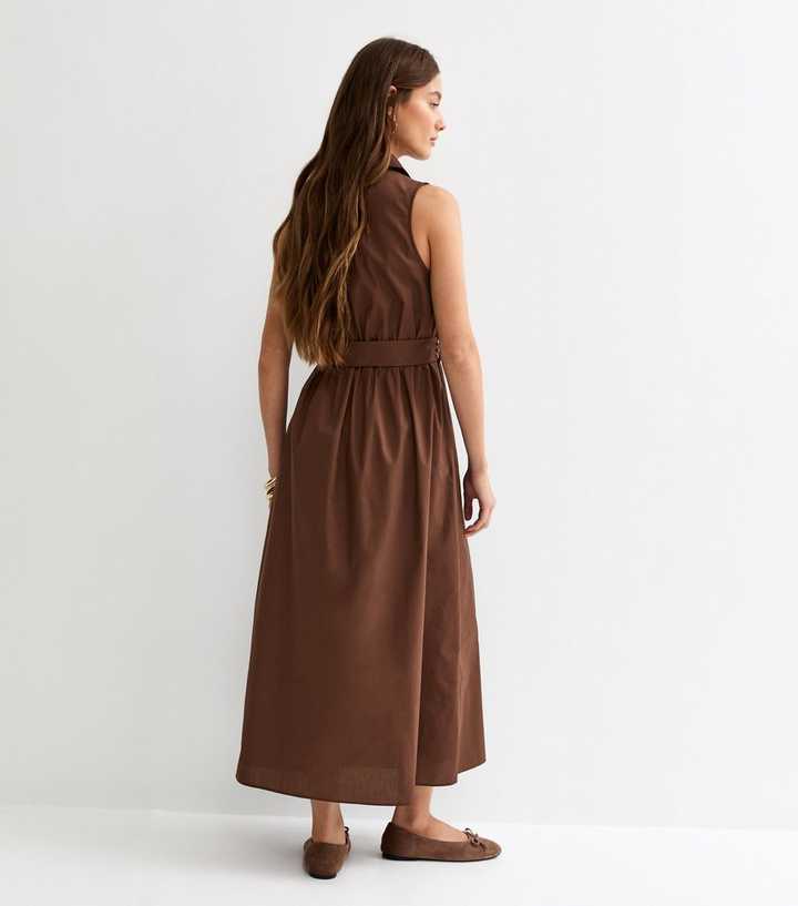Dark Brown Sleeveless Button Up Midi Shirt Dress | New Look