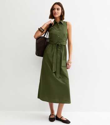Khaki Sleeveless Button Up Midi Shirt Dress