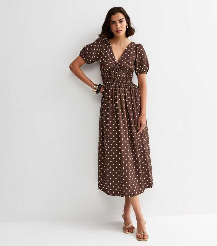 Brown Polka Dot Ruched Waist Midi Dress