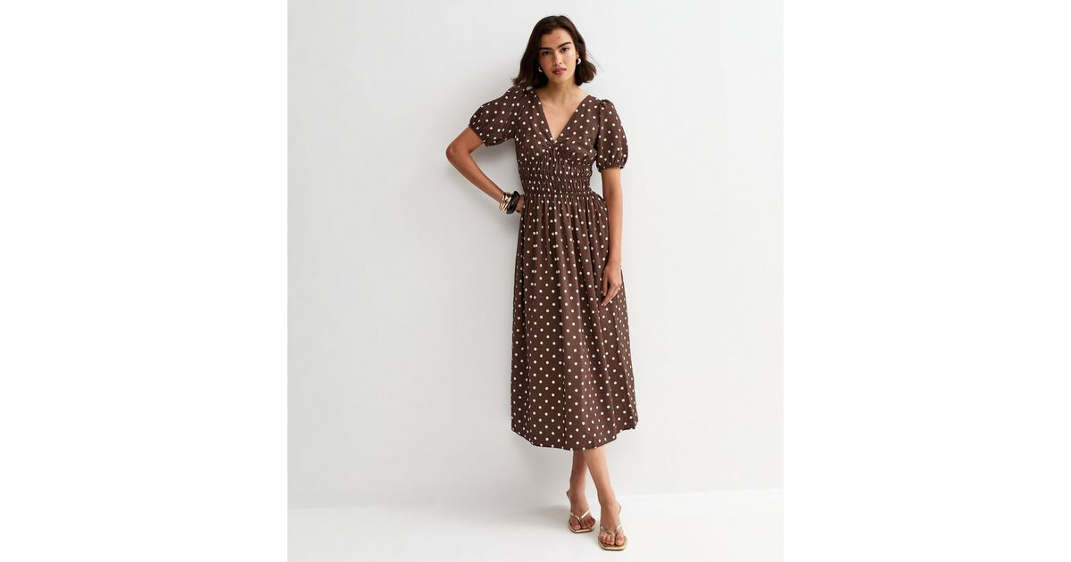 new look brown polka dot dress New Look polka dot ruffle midi dress in brown