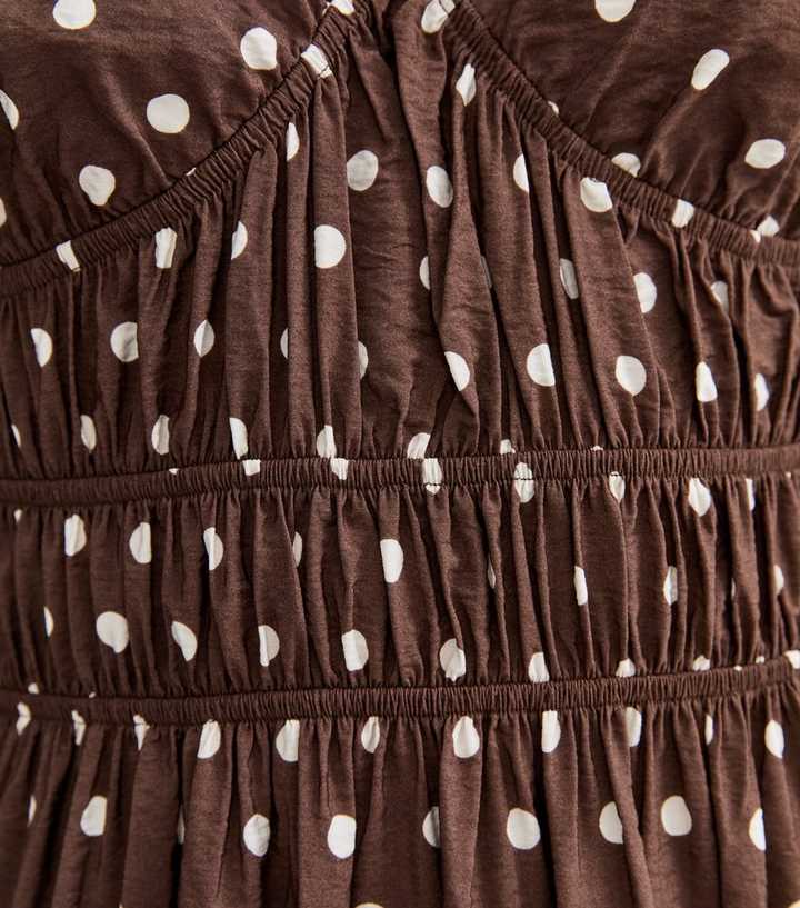 Brown Polka Dot Ruched Waist Midi Dress
