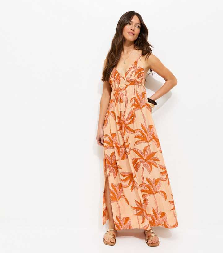 Petite Orange Palm Tree Print Maxi Beach Dress