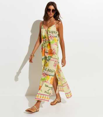 Multicoloured Fruit Print Slit Hem Cotton Maxi Dress