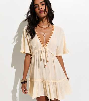 Off White Dobby Texture Beaded Embroidered Trim Kaftan Dress