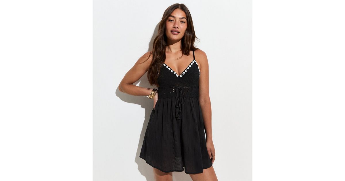 Black Cotton Crochet Bodice Beach Mini Dress