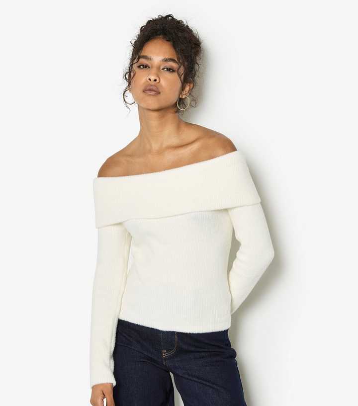 Apricot Cream Fuzzy Ribbed Bardot Jumper