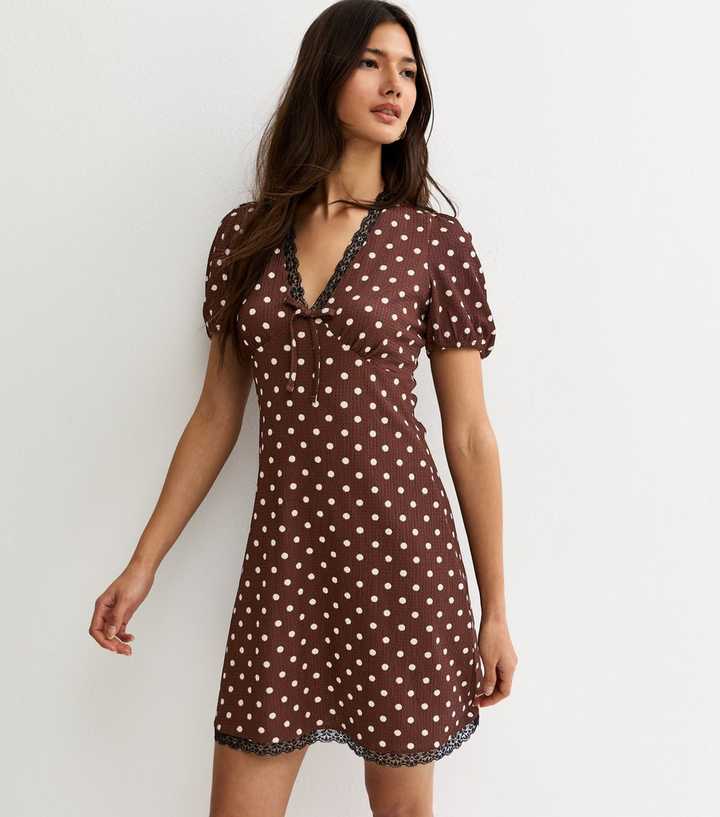 Brown Polka Dot Lace Trim Mini Dress