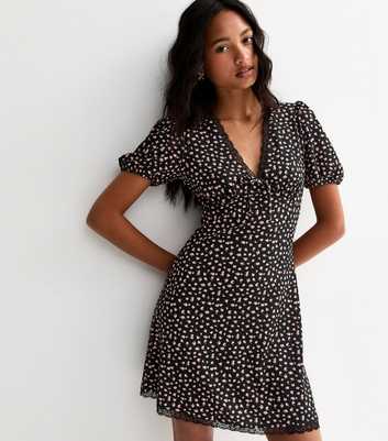 Black Ditsy Floral Lace Trim Mini Dress