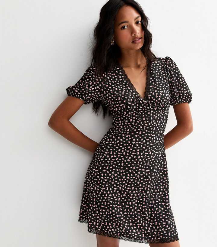 Black Ditsy Floral Lace Trim Mini Dress