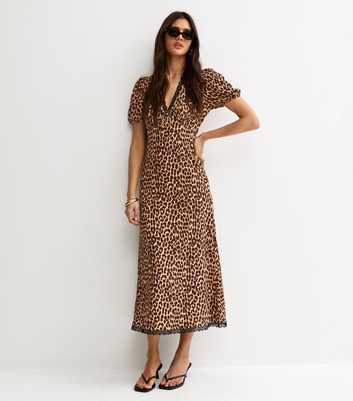 Brown Animal Print Lace Trim Midi Dress