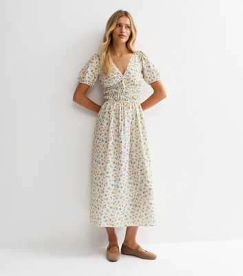 Cream Floral Ruched Waist Midi Dress