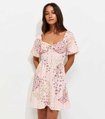 Cream Floral Patchwork Print Milkmaid Mini Dress
