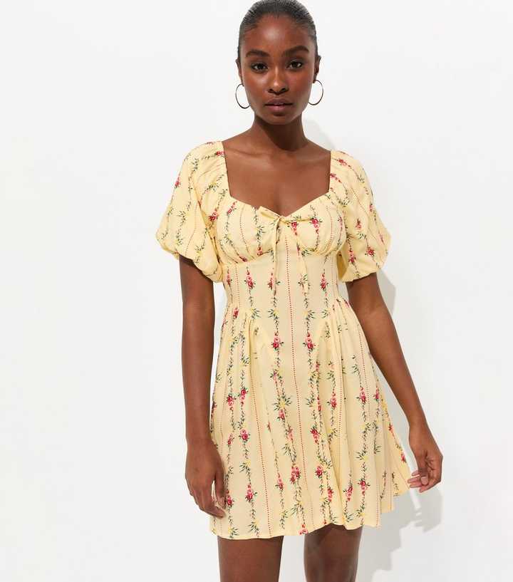 Yellow Rose Print Milkmaid Mini Dress