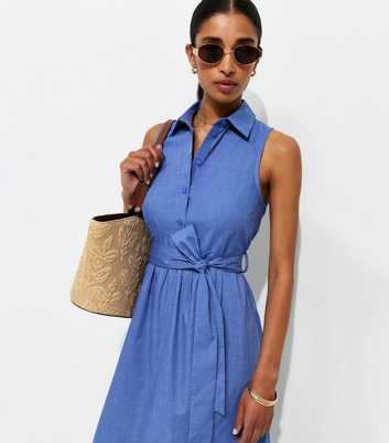 Blue Chambray Sleeveless Midi Shirt Dress