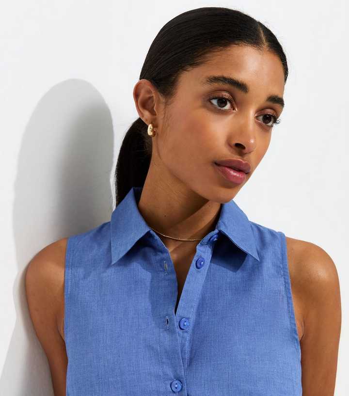 blue sleeveless shirt dress Frank & Eileen Daphne Navy, Washed Linen Navy L