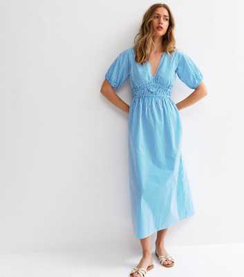 Blue Striped Ruched Detail Midi Dress