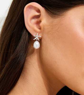 Silver Tone Mini Starfish Faux Pearl Drop Earrings