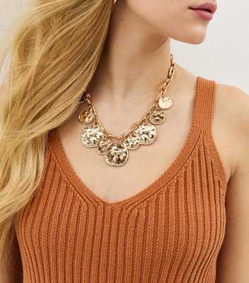 Gold Tone Hammered Disk Chain Necklace