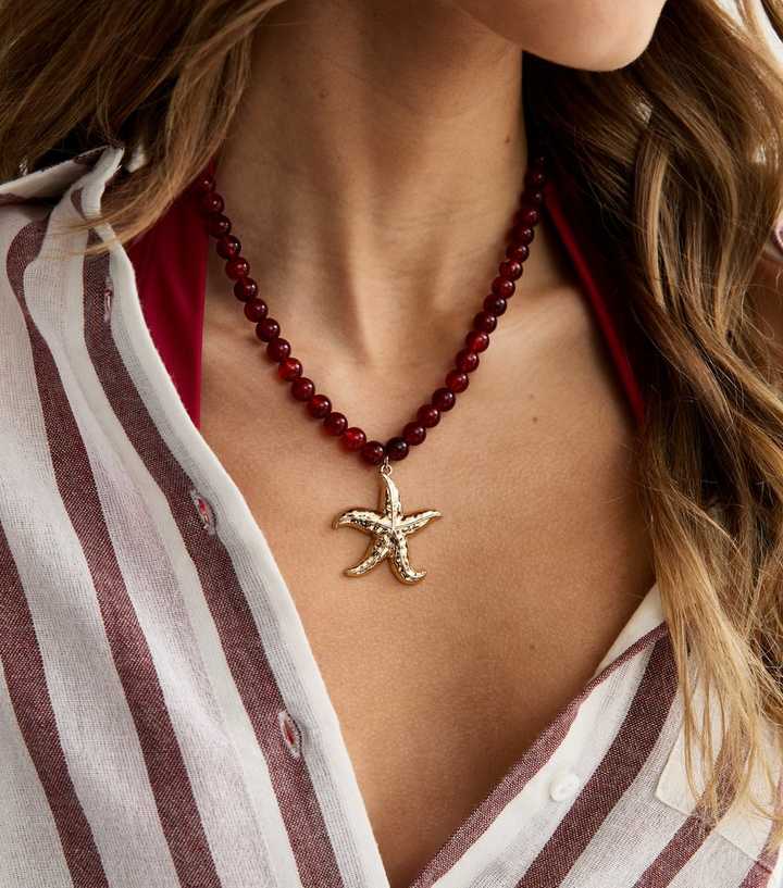 Bright Red Beaded Starfish Pendant Necklace