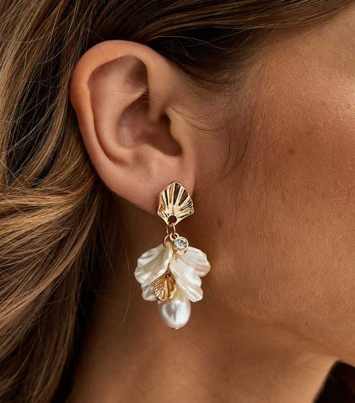 Gold Tone Shell Faux Pearl Drop Stud Earrings