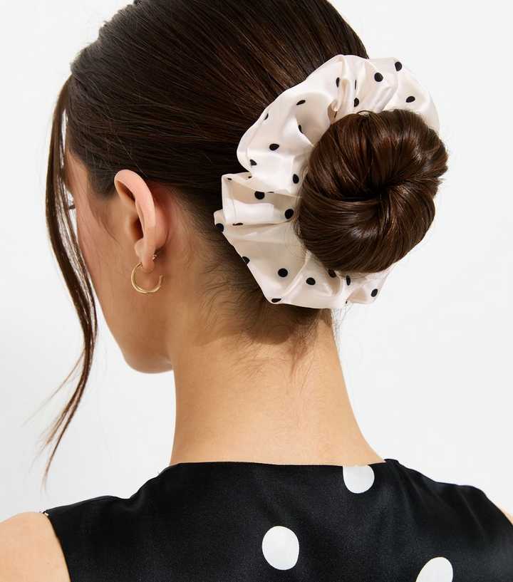 White Polka Dot Satin Scrunchie