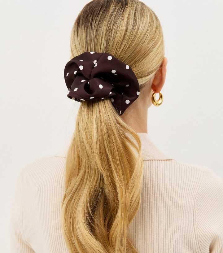 Brown Polka Dot Satin Scrunchie