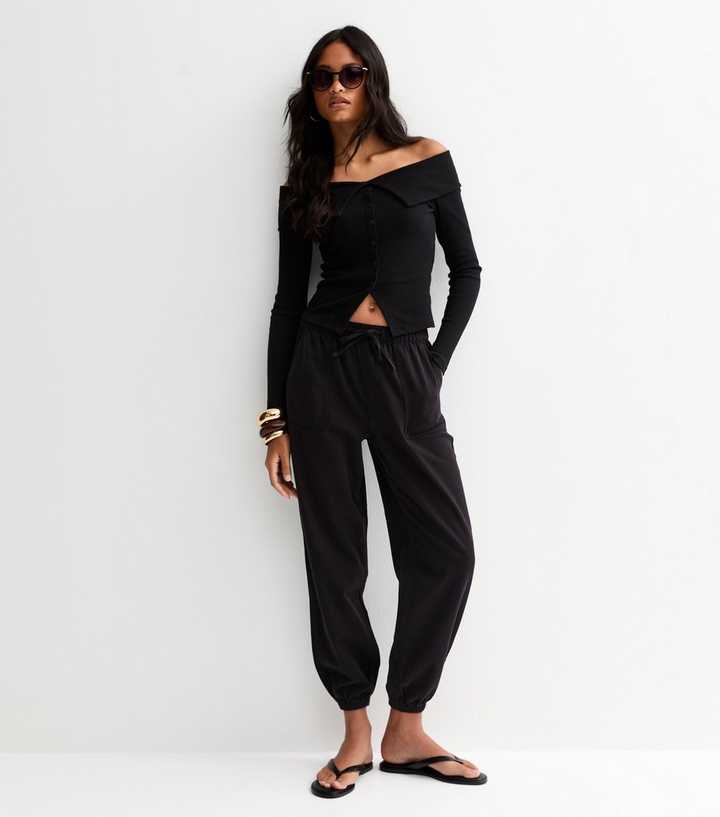 Black Cotton Tapered Cargo Trousers