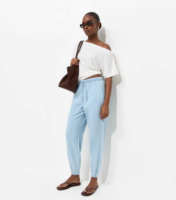 Light Blue Chambray Tapered Drawstring Trousers