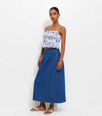 Blue Drop Waist Denim Midi Skirt