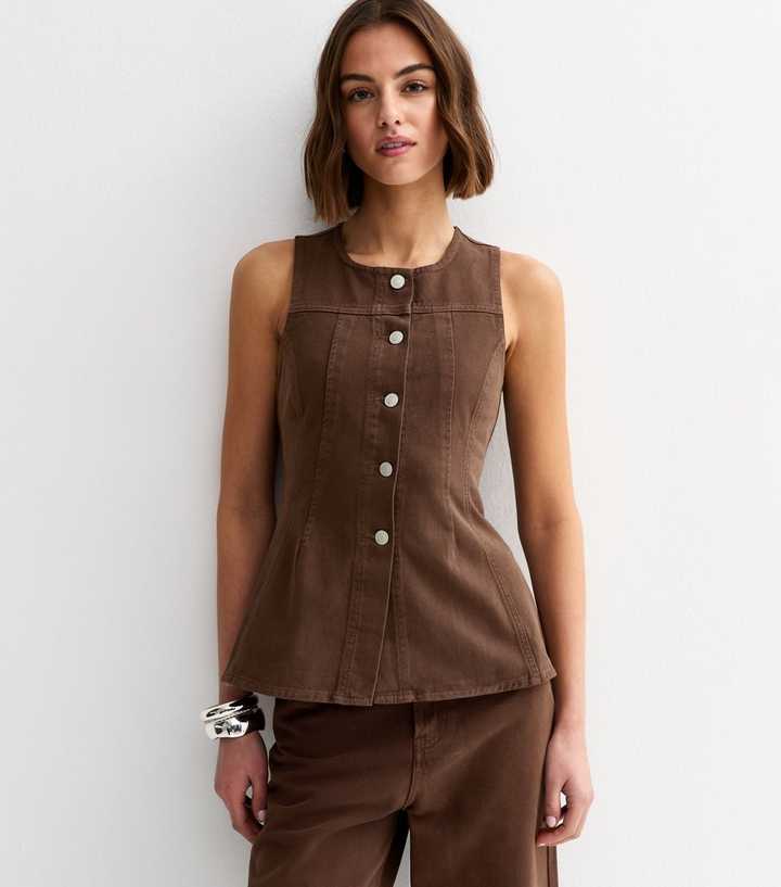 Brown Denim Panelled Longline Peplum Waistcoat