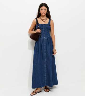 Blue Cotton Milkmaid Denim Midi Dress