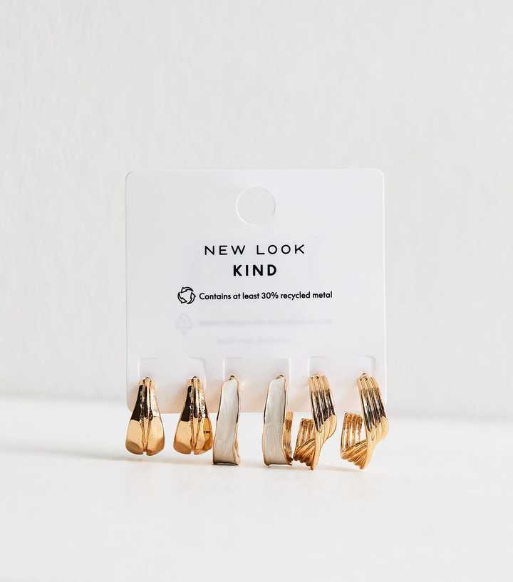 Pack of 3 Gold Tone Textured Enamel Hoop Earrings