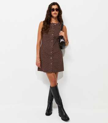 Brown Polka Dot Cinched Denim Dress