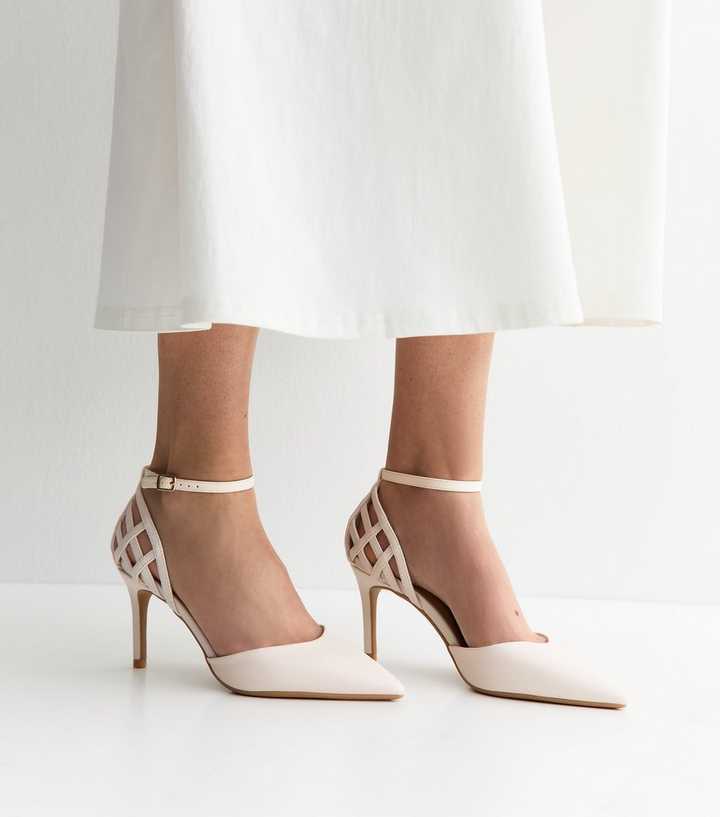 Off White Faux Leather Cage Pumps