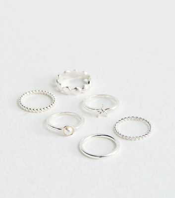 Pack of 6 Silver Tone Pearl and Starfish Sleek Rings