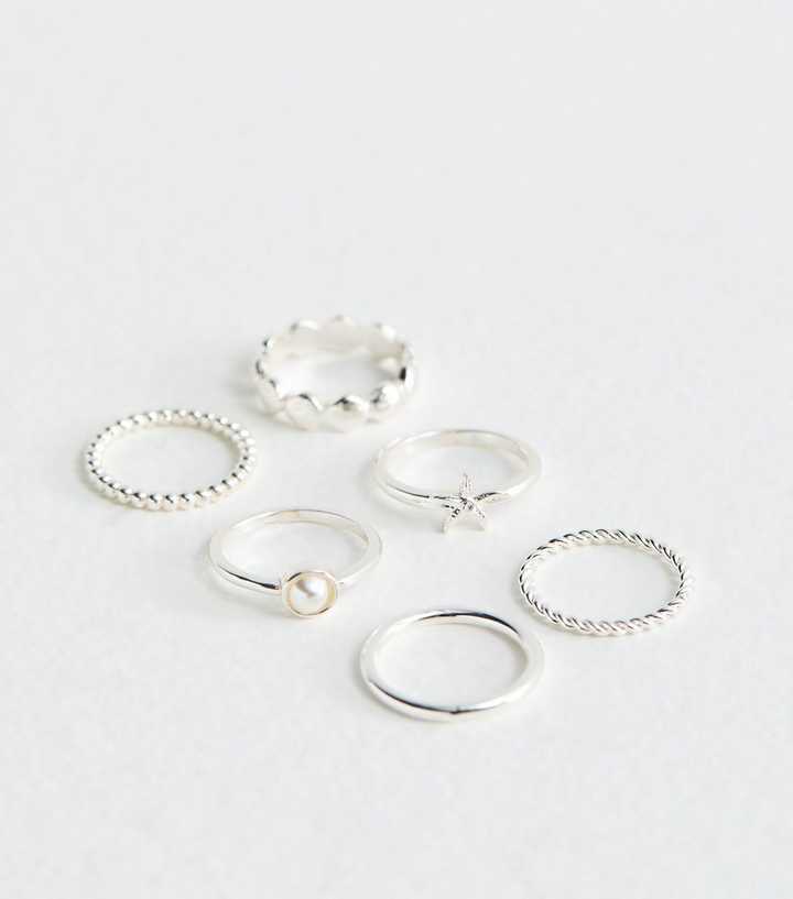 Pack of 6 Silver Tone Pearl and Starfish Sleek Rings