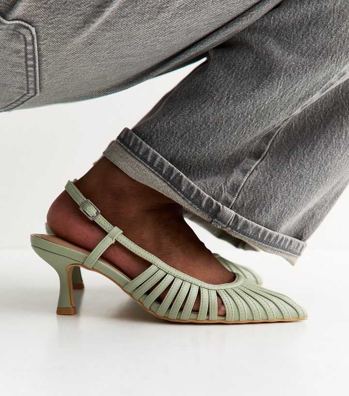 Wide Fit Light Green Strap Detail Slingback Court Shoes