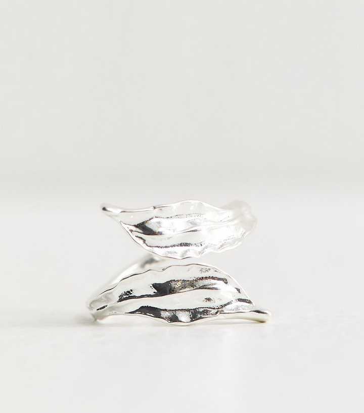 Silver Tone Beaten Sleek Petal Wrap Ring