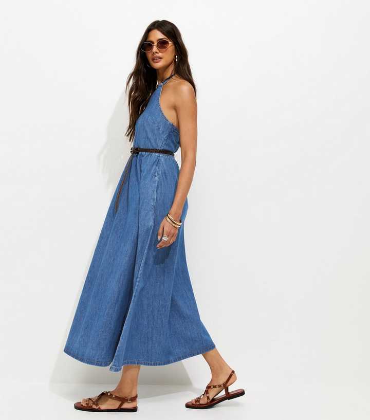 Blue Denim Halterneck Midi Dress