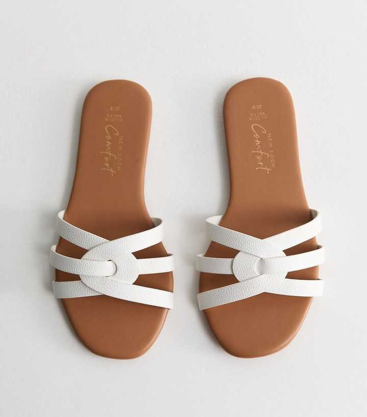 Extra Wide Fit White Faux Leather Interwoven Flat Mule Sandals